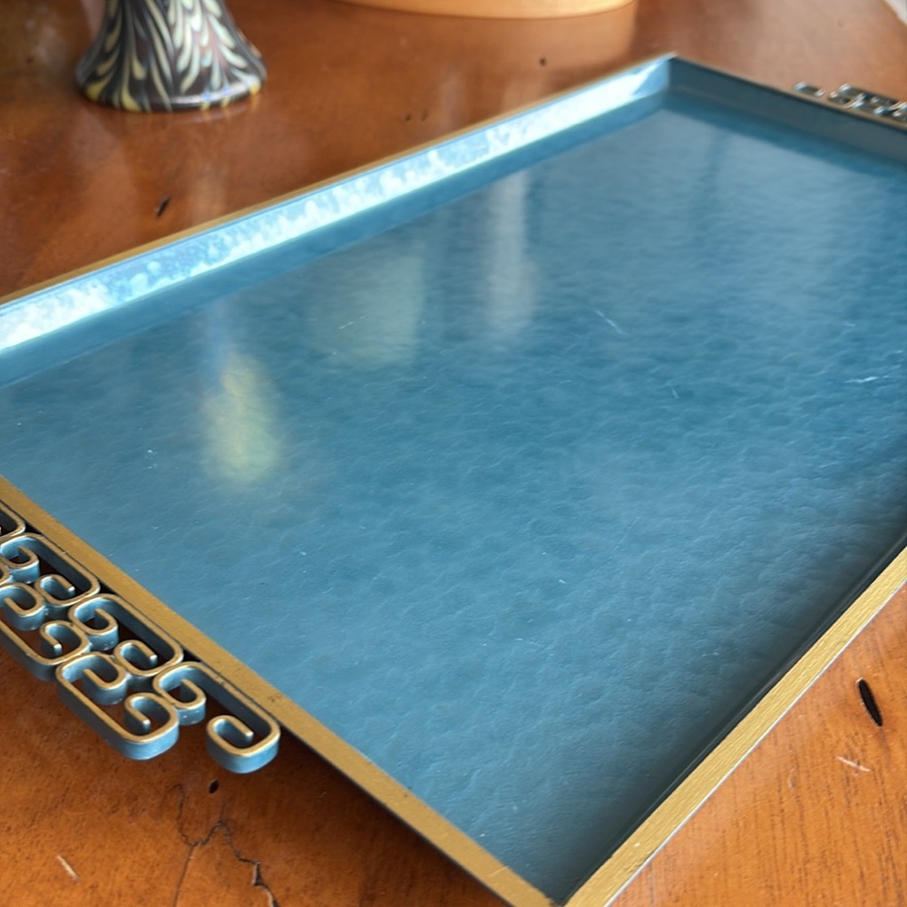 Vintage Handmade Serving Tray Pearl Blue Enamel.